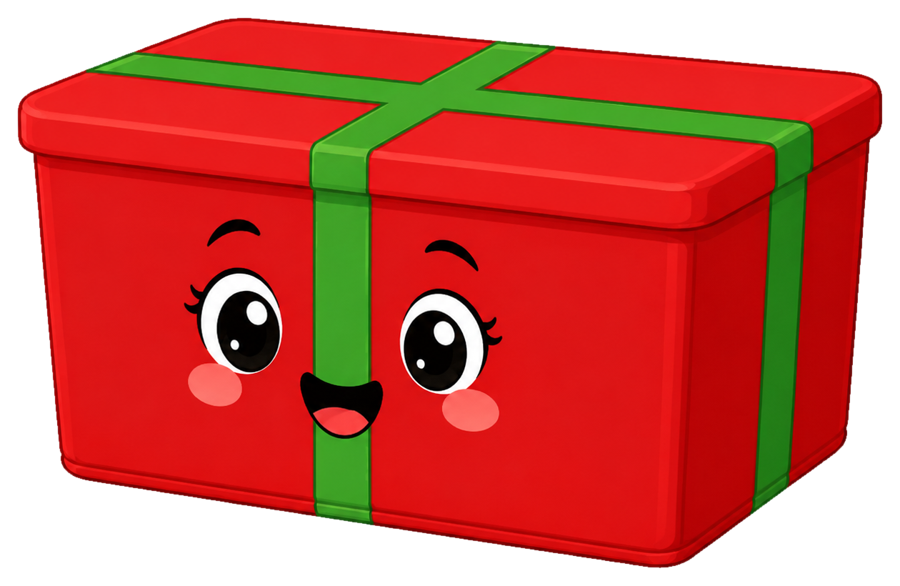 Red gift-style Binny cover on a storage bin with a smiling face