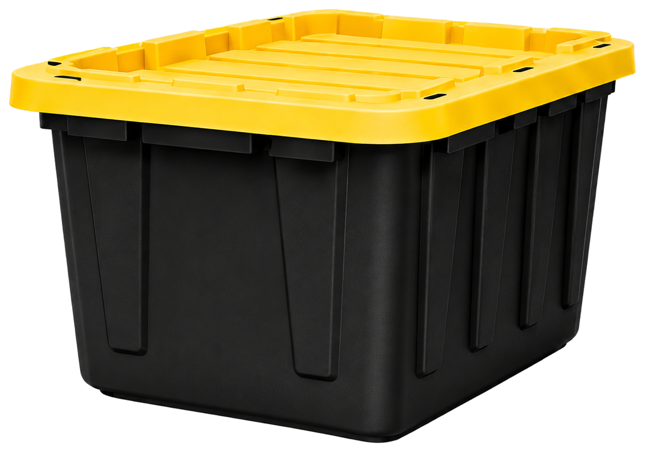 Black storage bin with yellow lid